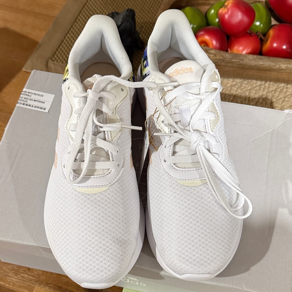 adidas White Mesh Sneakers with Pastel Peach and Yellow Accents